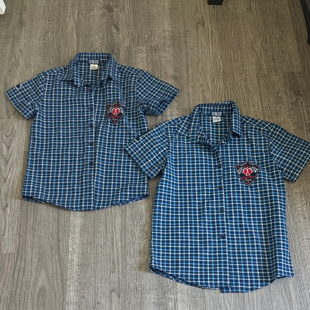 Bundle of two, Unik Navy and Light Blue Plaid Kids Button Down Shirt.